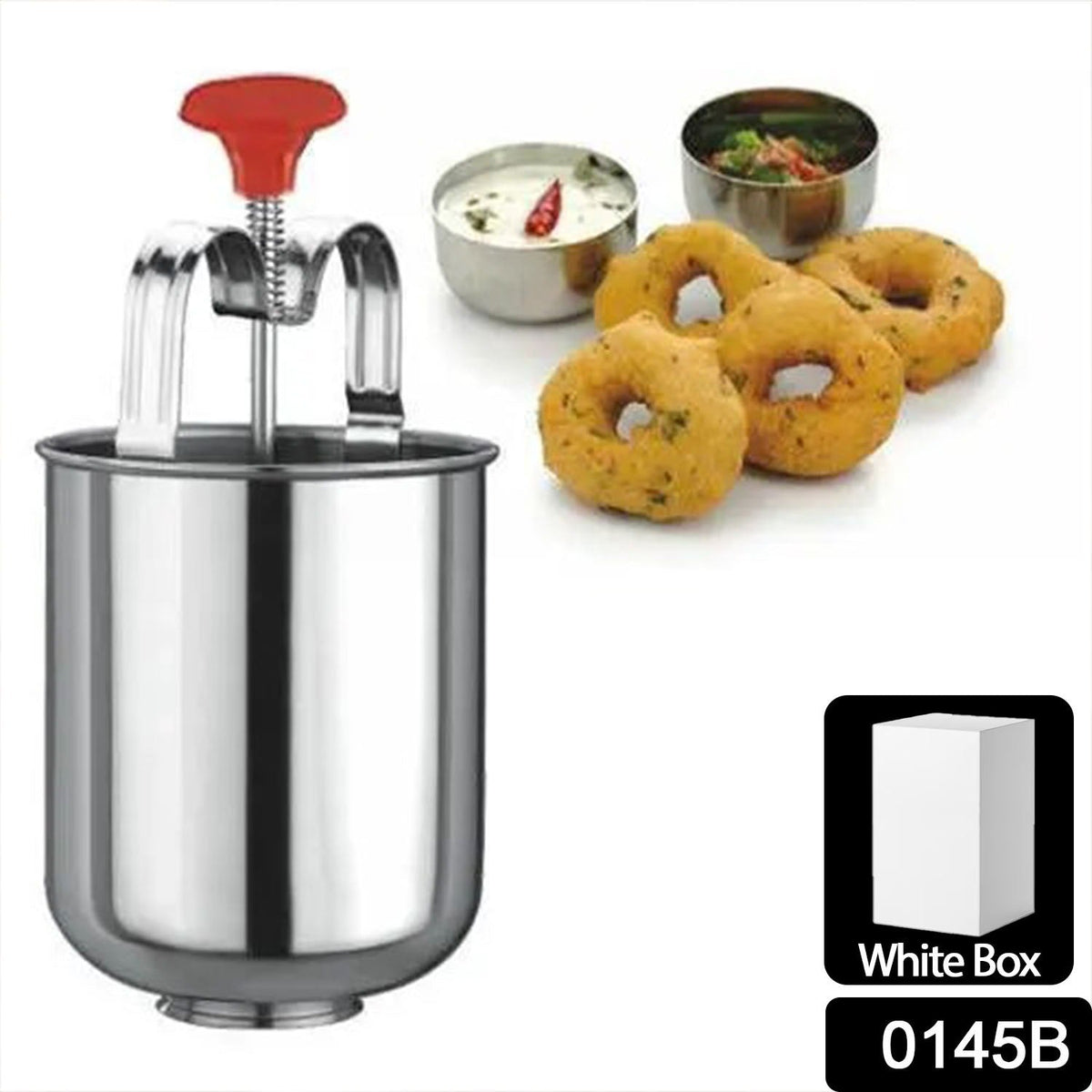 A stainless steel medu vada maker with a red handle, four vadas, and two bowls of sauce are shown on a white background.