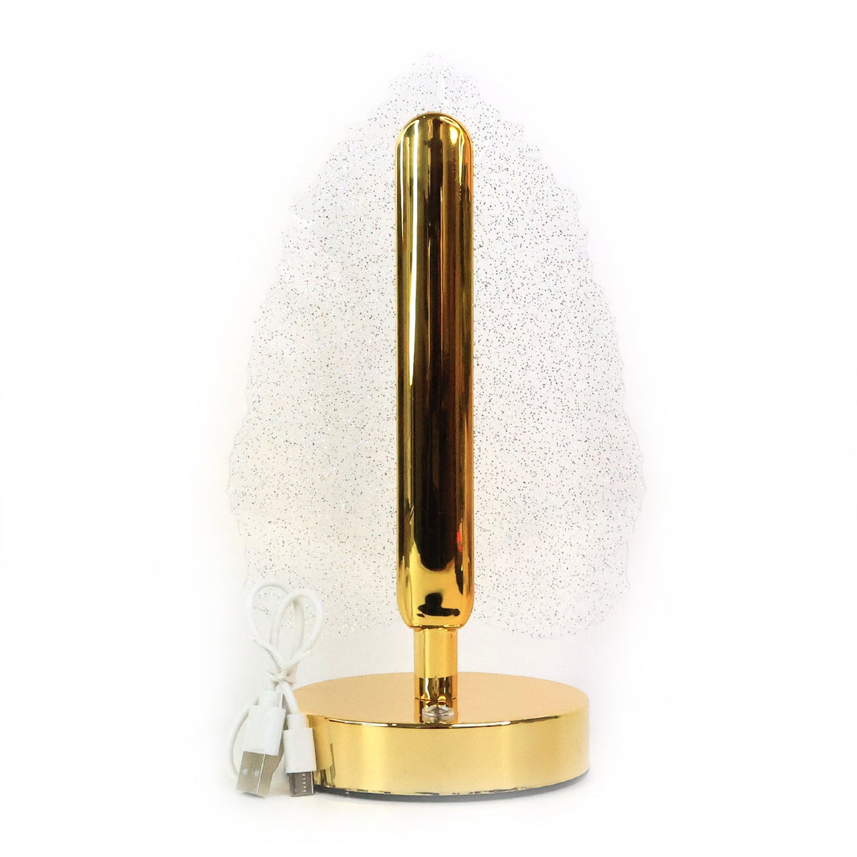 Crystal leaf lamp with a gold stem and base, unplugged on a white background.