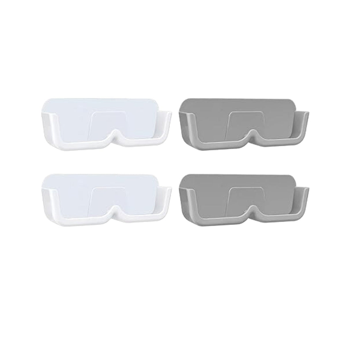 Four glasses holders, two white and two gray, arranged in a grid on a white background.