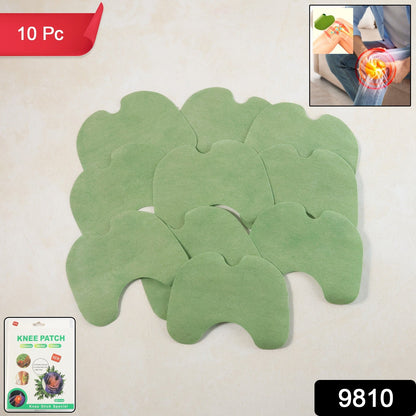 Ten green, contoured knee patches are spread out, with a small package and a diagram in the corners.