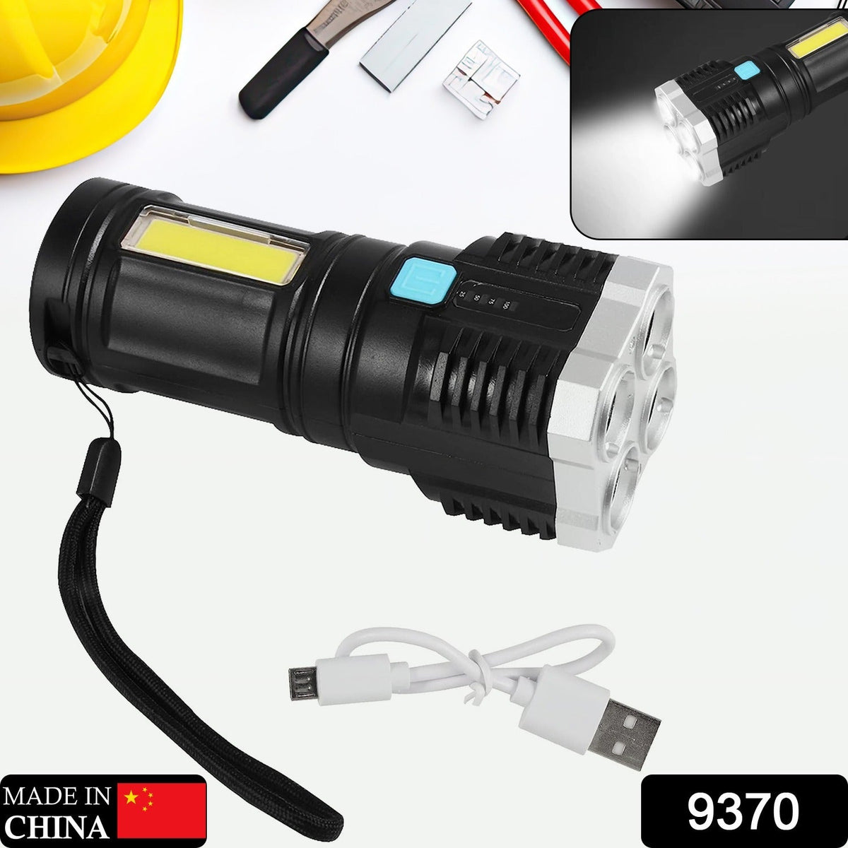 Black and silver flashlight with a wrist strap and a white USB charging cable, set against a background of tools.