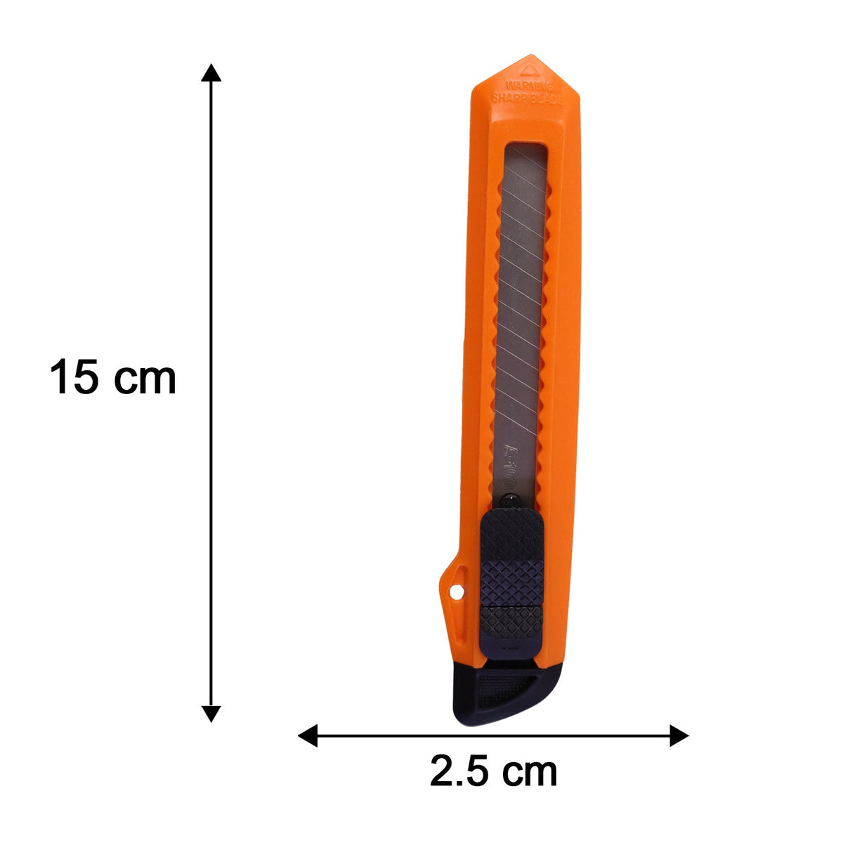 An orange utility knife with its dimensions, 15 cm length and 2.5 cm width, displayed on a white background.