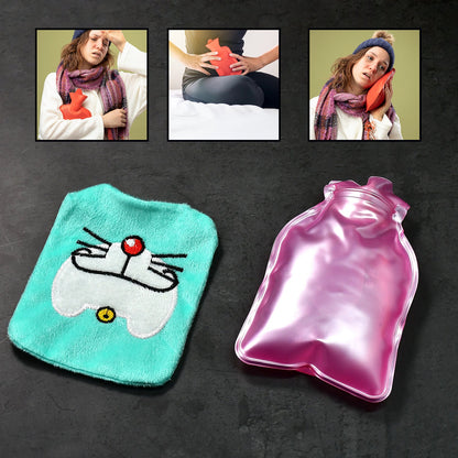 The light blue hot water bag cover and pink bottle are displayed with three inset images of people using hot water bags for