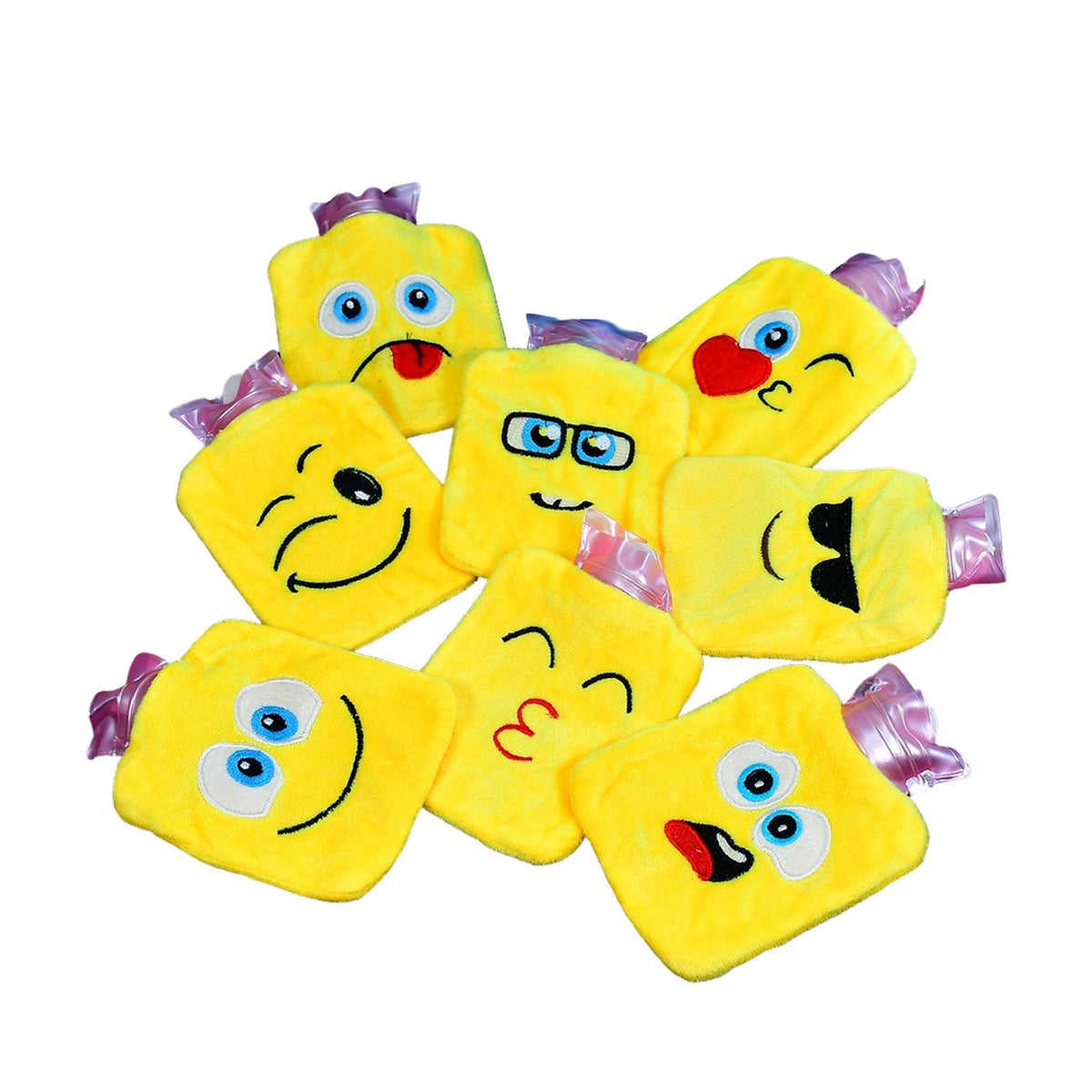 Seven yellow emoji hot water bags with various facial expressions are scattered on a plain white background.