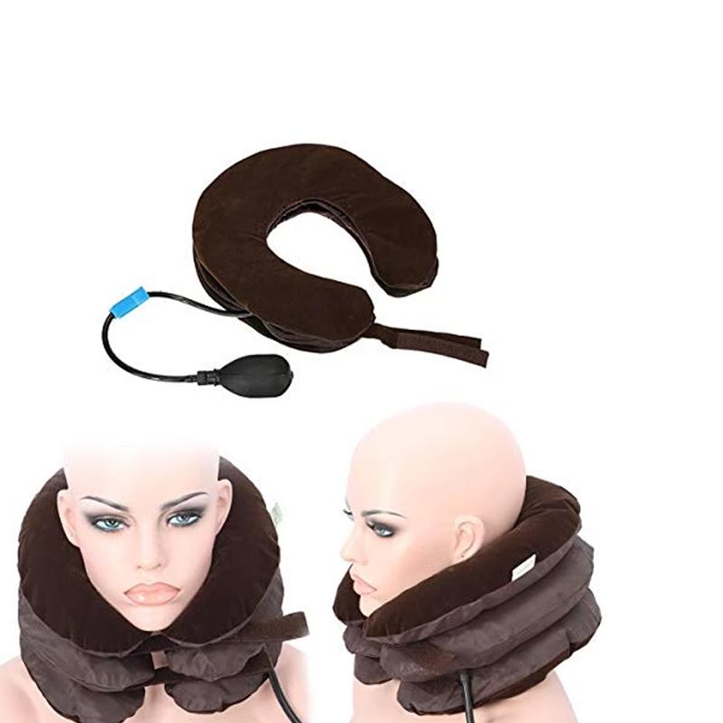 A deflated brown neck traction device with pump, and two mannequin heads wearing the device, one front and one side view.