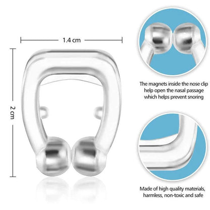 A clear anti-snoring nose clip with dimensions and close-ups of its magnetic design and material details.