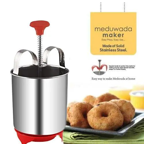 A stainless steel medu vada maker with a red base and handle, next to vadas and a "meduwada maker" label.