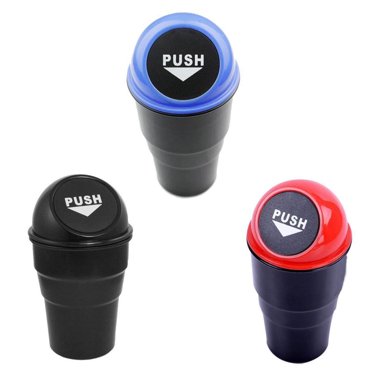 Three car dustbins with black bodies and different colored lids: blue, black, and red are shown.