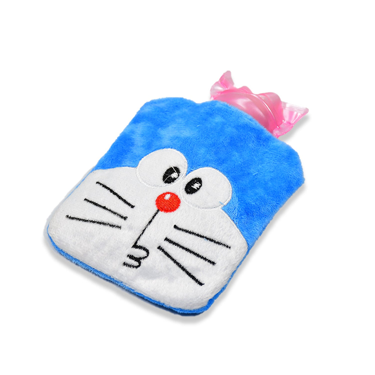 Blue Doraemon plush hot water bag with a pink stopper, isolated on a clean white background.