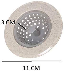 A beige and grey silicone sink strainer basket with measurements of 3 cm height and 11 cm diameter.