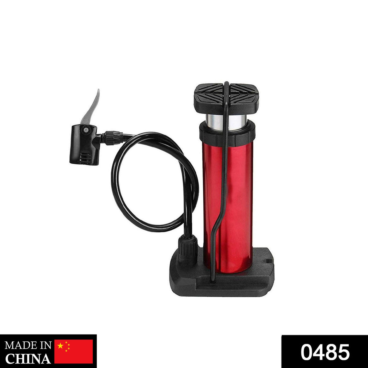 Red mini foot pump with a black hose and nozzle on a white background, with a "Made in China" label.
