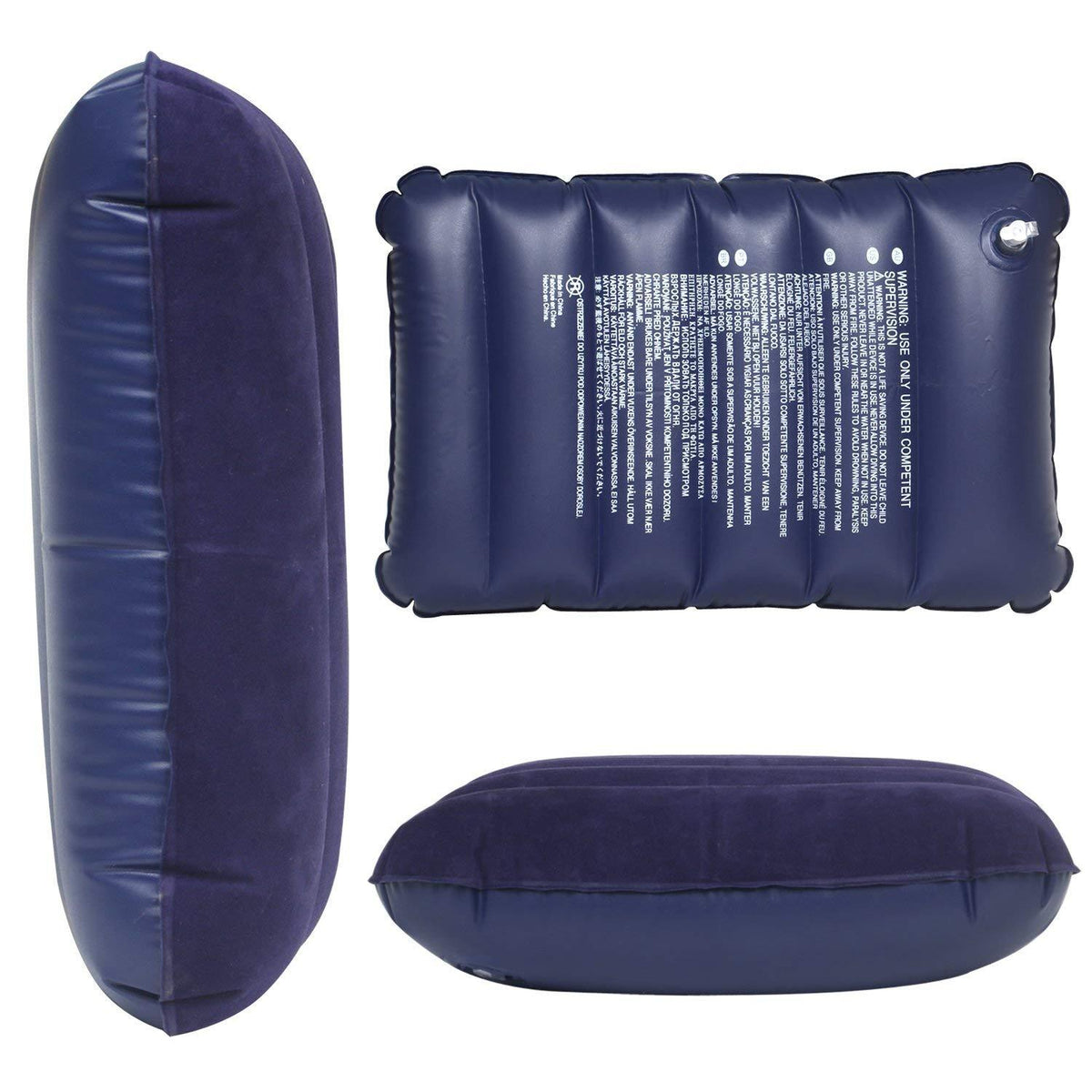 Three views of the blue inflatable pillow are shown: a side profile, a top view with text, and a front view.