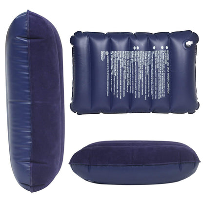 Three views of the blue inflatable pillow are shown: a side profile, a top view with text, and a front view.
