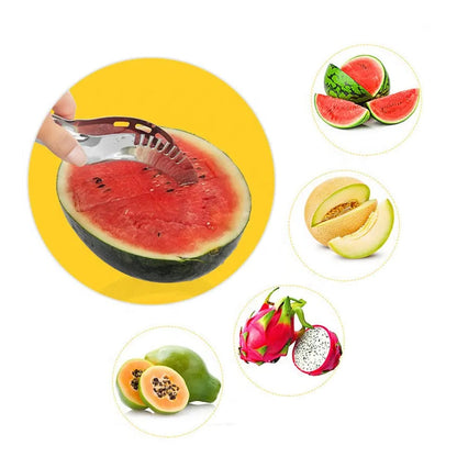 A collage shows a hand slicing watermelon, and various fruits like melon, dragon fruit, and papaya.