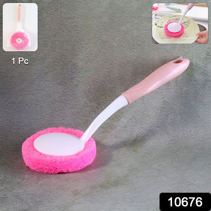 A pink and white long-handled dish scrubber with a round pink scrubbing pad is centered on a gray background with a '1 Pc'