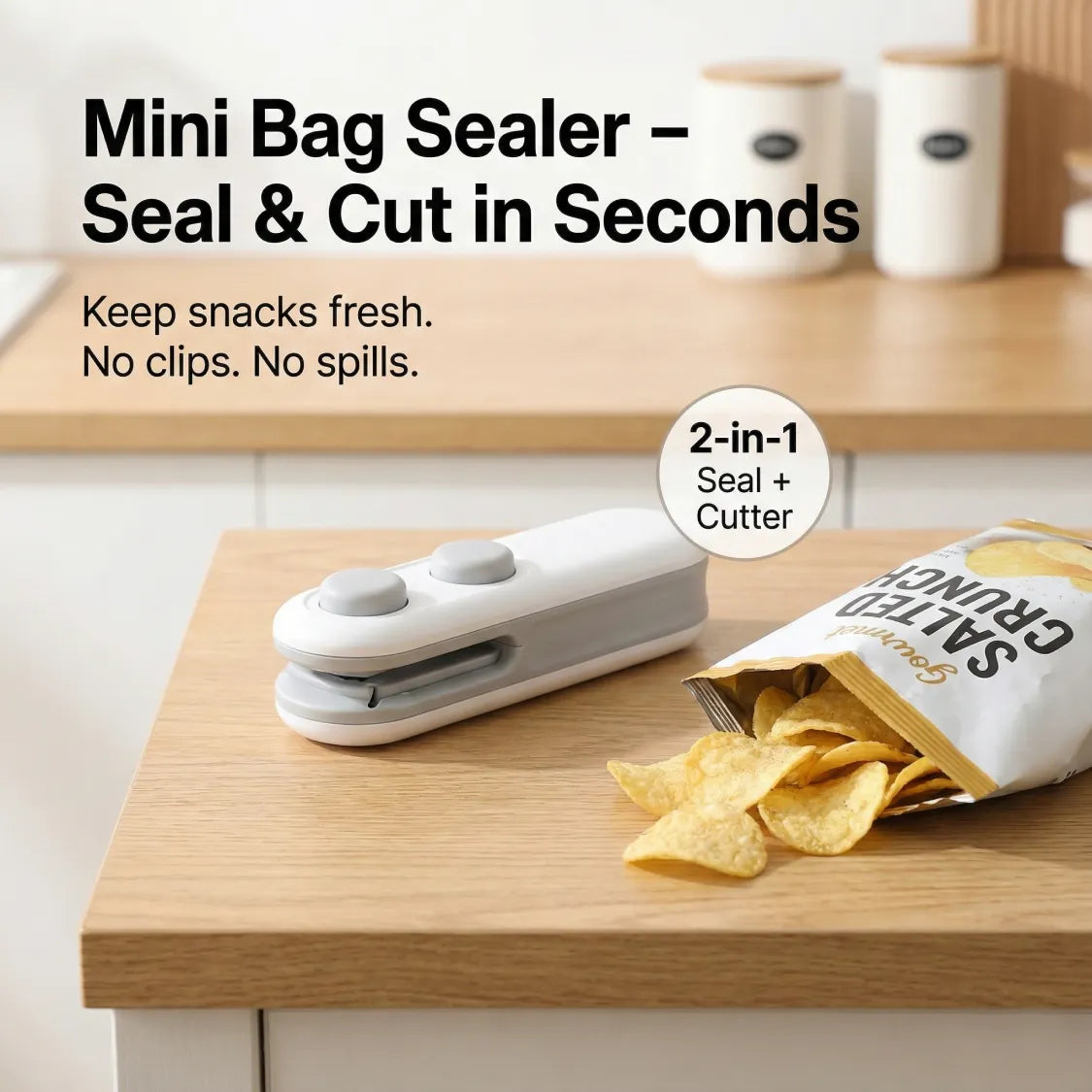 The white and grey bag sealer sits on a wooden counter next to an open bag of salted crunch chips.