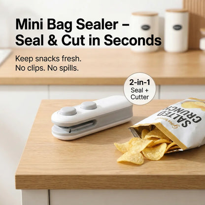 The white and grey bag sealer sits on a wooden counter next to an open bag of salted crunch chips.