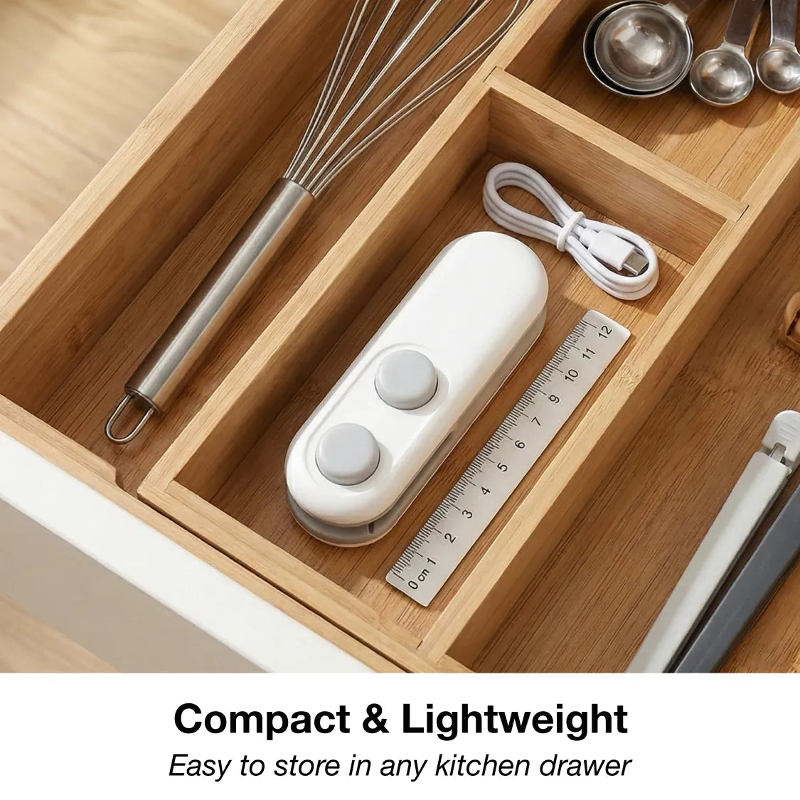 The white and grey bag sealer and cutter, a ruler, and a whisk are neatly organized in a wooden kitchen drawer.