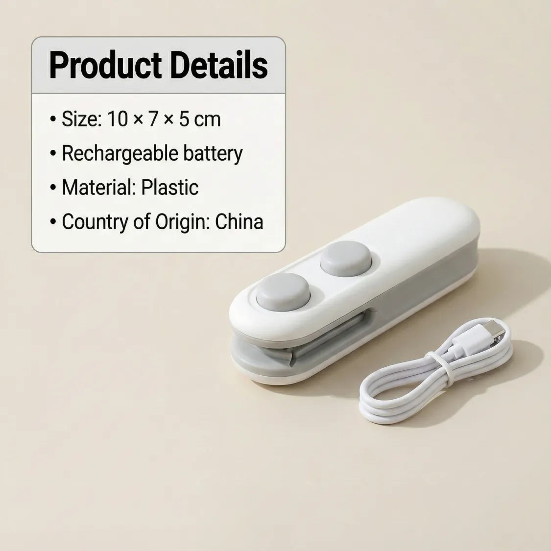 The white and grey bag sealer and cutter with its white USB-C charging cable on a light beige background.