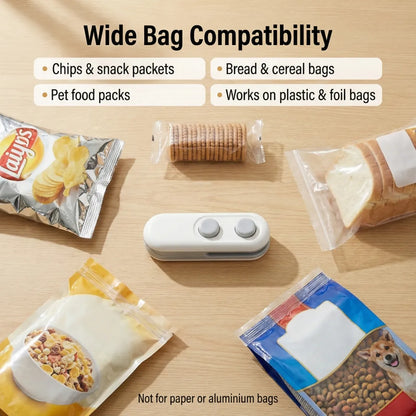 The white and grey bag sealer is centered among various snack bags, including chips, crackers, bread, cereal, and pet food.