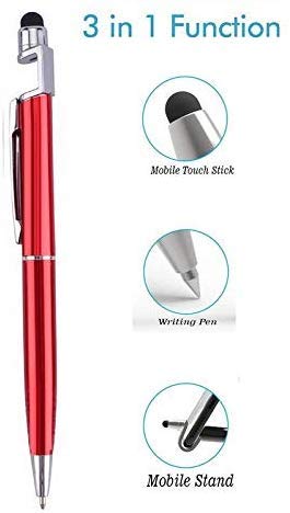 A red 3-in-1 stylus pen with text highlighting its mobile touch stick, writing pen, and mobile stand functions.