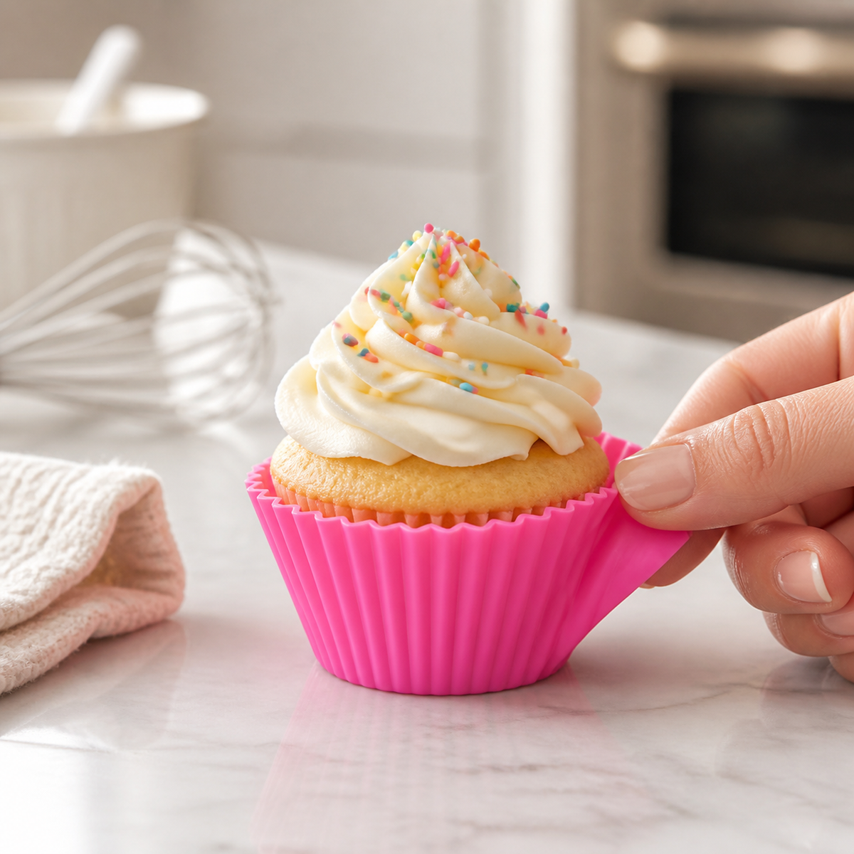 A hand holds a pink silicone cupcake mold with a frosted cupcake inside on a marble counter.