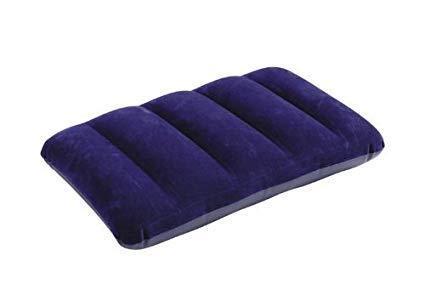 A blue velvet inflatable pillow with five distinct ridges is angled on a plain white background.