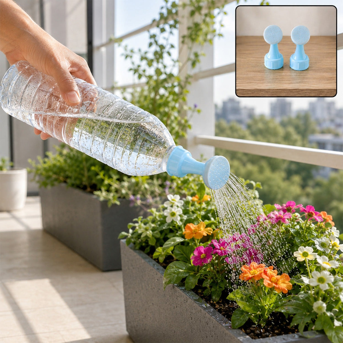 A hand holds a plastic bottle with a light blue sprinkler nozzle, watering colorful flowers in a planter on a balcony