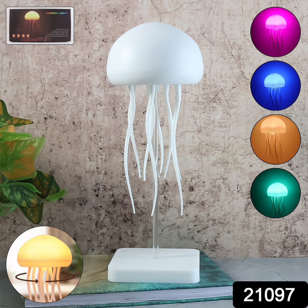 A white jellyfish lamp with multiple color options shown in circular insets on the right side of the image
