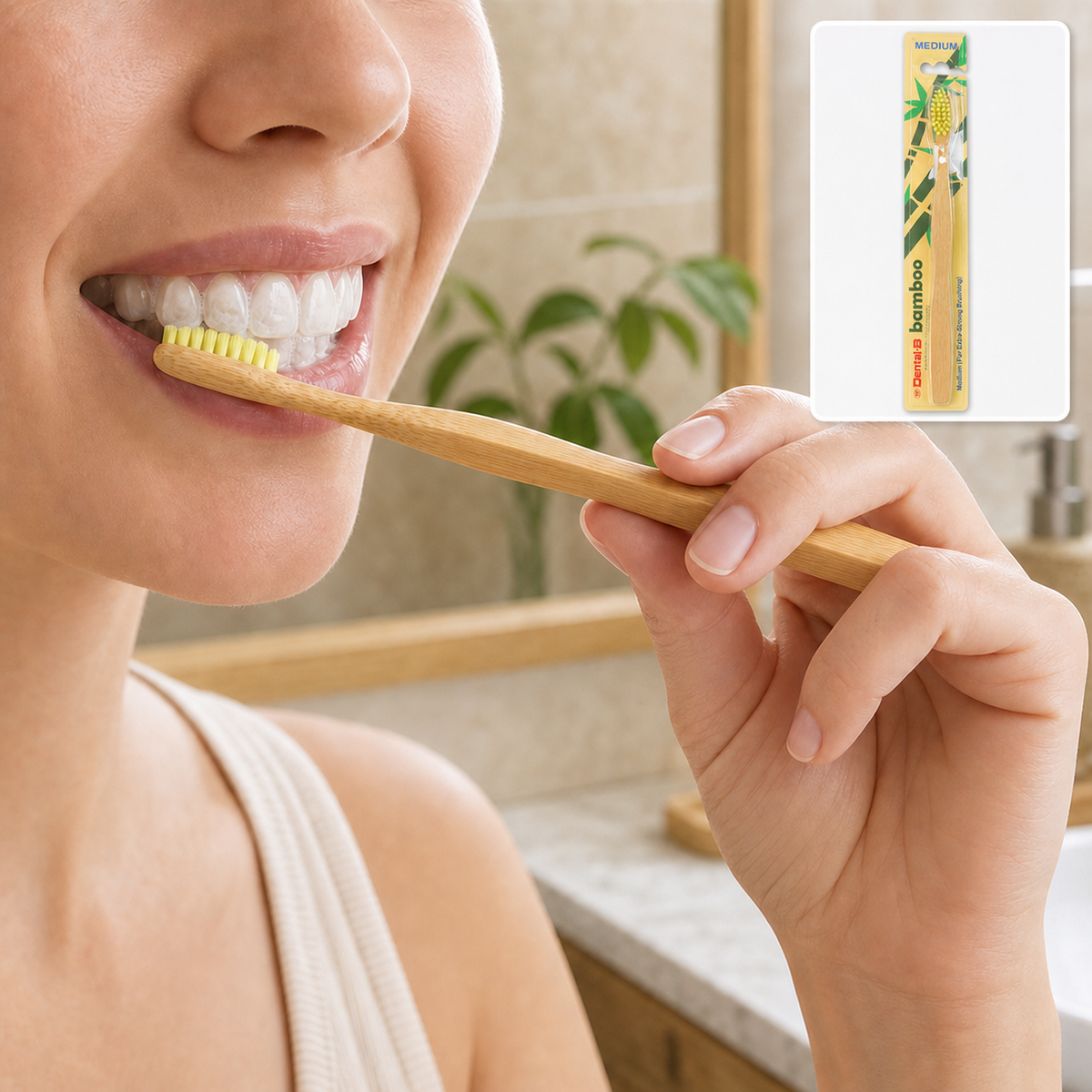 A woman brushes her teeth with a bamboo toothbrush, a packaged toothbrush in the background.