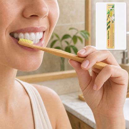 A woman brushes her teeth with a bamboo toothbrush, a packaged toothbrush in the background.