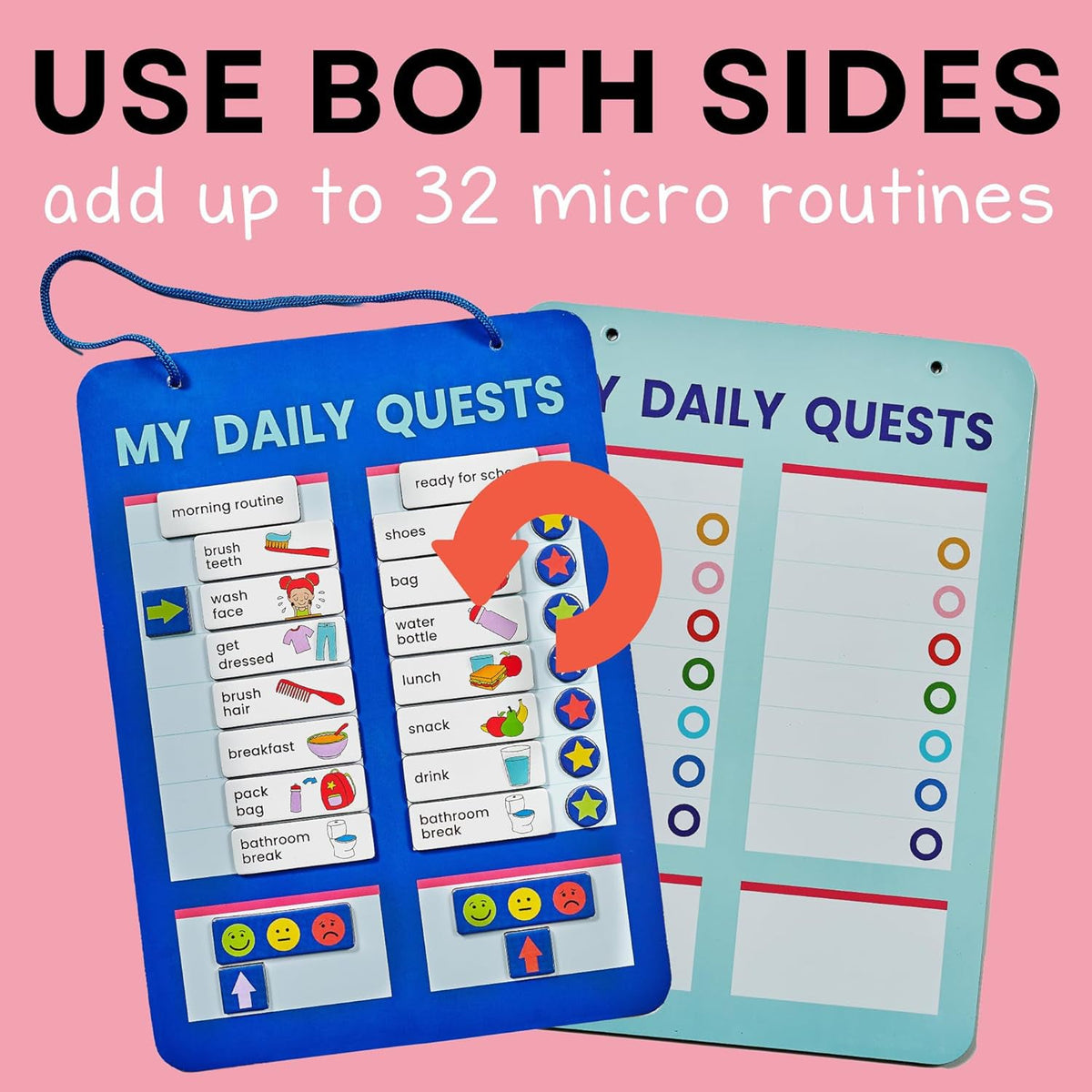 Two blue magnetic daily quests boards, one with task magnets and a red arrow indicating the double-sided feature, on a pink