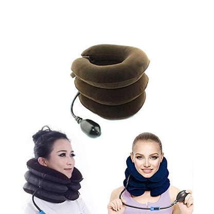 A deflated brown neck traction device with pump, and two women wearing similar devices in dark gray and blue.