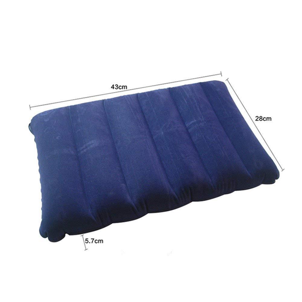 A blue velvet inflatable pillow is shown with white measurement lines indicating its length, width, and height.