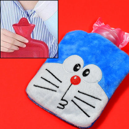 Blue Doraemon plush hot water bag with a pink stopper, with an inset of a hand holding a red hot water bottle.