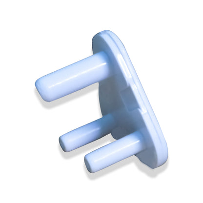A white 3-pin socket cover is angled on a white background, casting a subtle shadow.