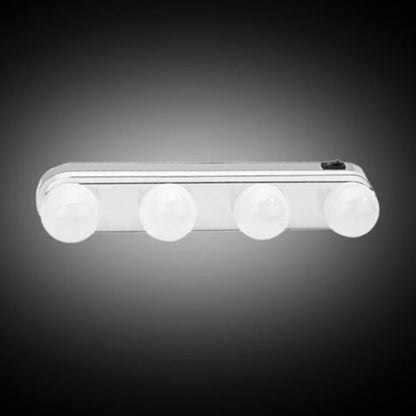 A white LED vanity light with four round bulbs is shown on a dark gradient background, with the light on.