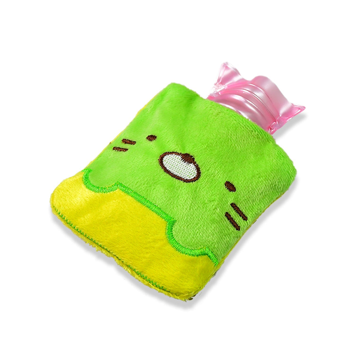 A green and yellow kitty hot water bag with a pink top is shown on a plain white background.