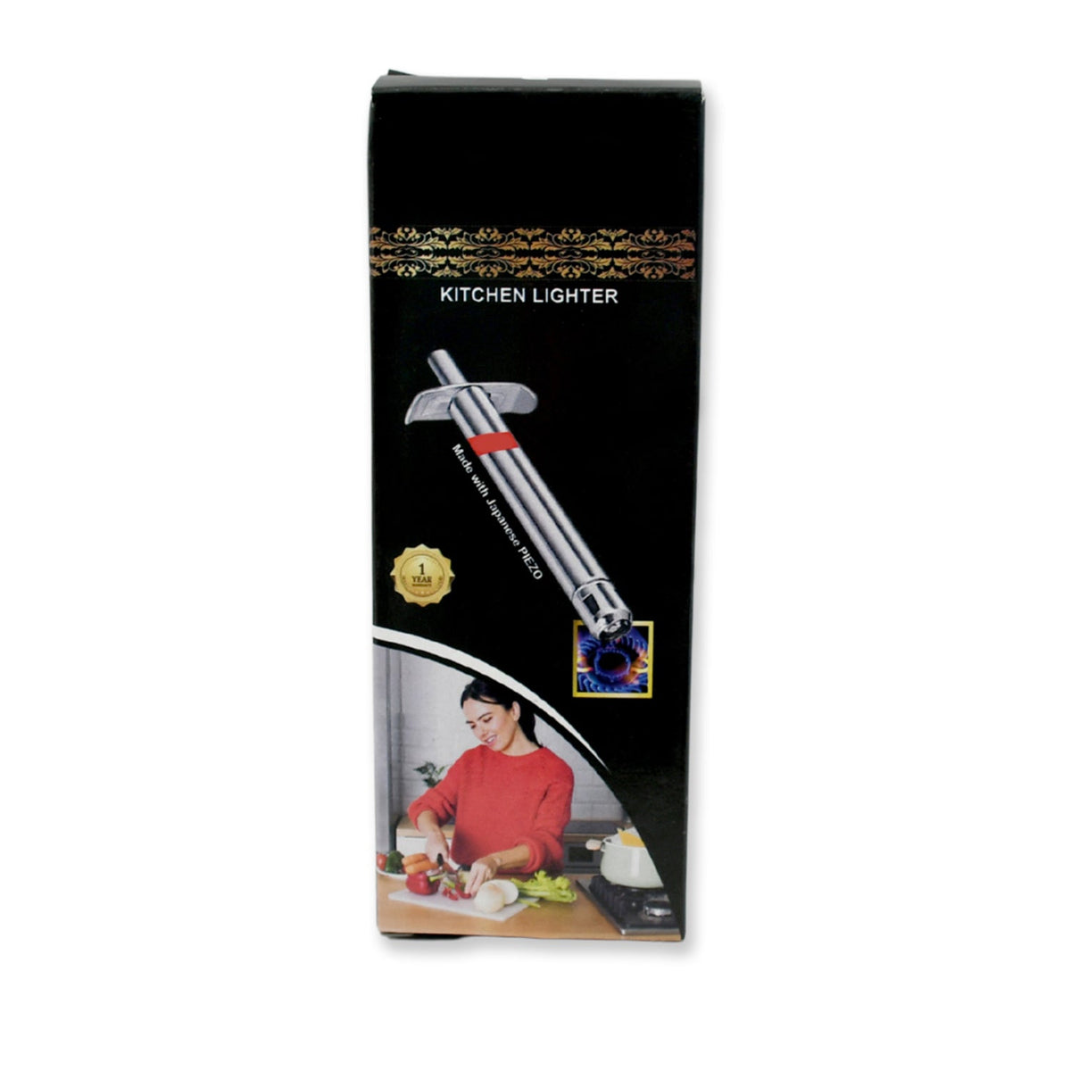 The black packaging for a kitchen lighter, featuring an image of the lighter and a woman cooking.