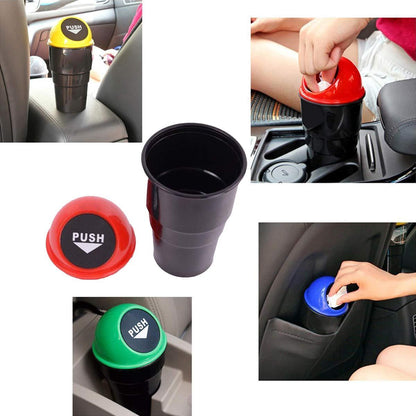Multiple images show the car dustbin in use and its components, including a red-lidded and green-lidded bin.