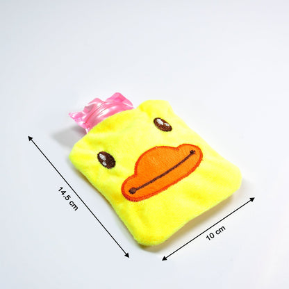 A yellow duck hot water bottle with dimensions 14.5 cm by 10 cm indicated by black arrows on a white background.