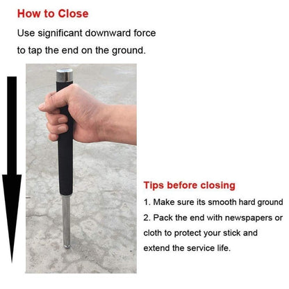 A hand holds the silver metal baton, demonstrating how to close it by tapping the end on the ground, with text instructions.