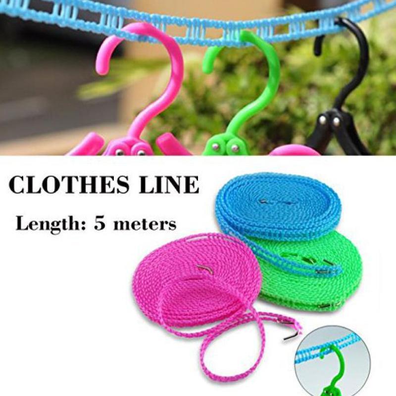 A collage with text 'CLOTHES LINE Length: 5 meters' above a close-up of hangers and coiled clotheslines.