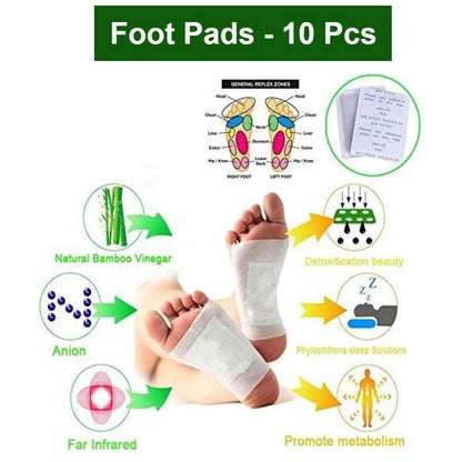 An infographic showing the benefits of foot pads, with diagrams of feet and various icons.