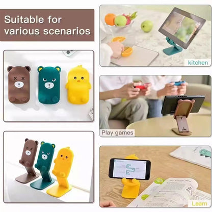 A collage shows various uses for the cartoon phone stands, including in the kitchen, for gaming, and studying.