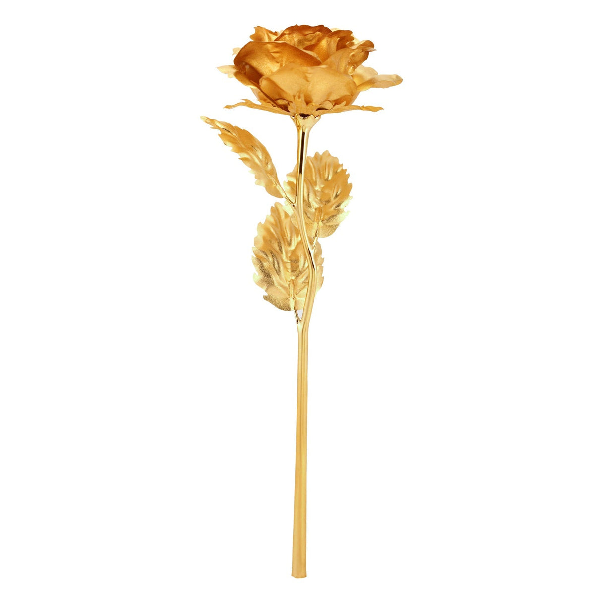 A full view of a gold-plated rose with a long stem and detailed leaves on a white background.