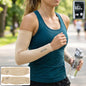A woman running outdoors, wearing beige arm sleeves with "Let's Slim" logo, holding a water bottle