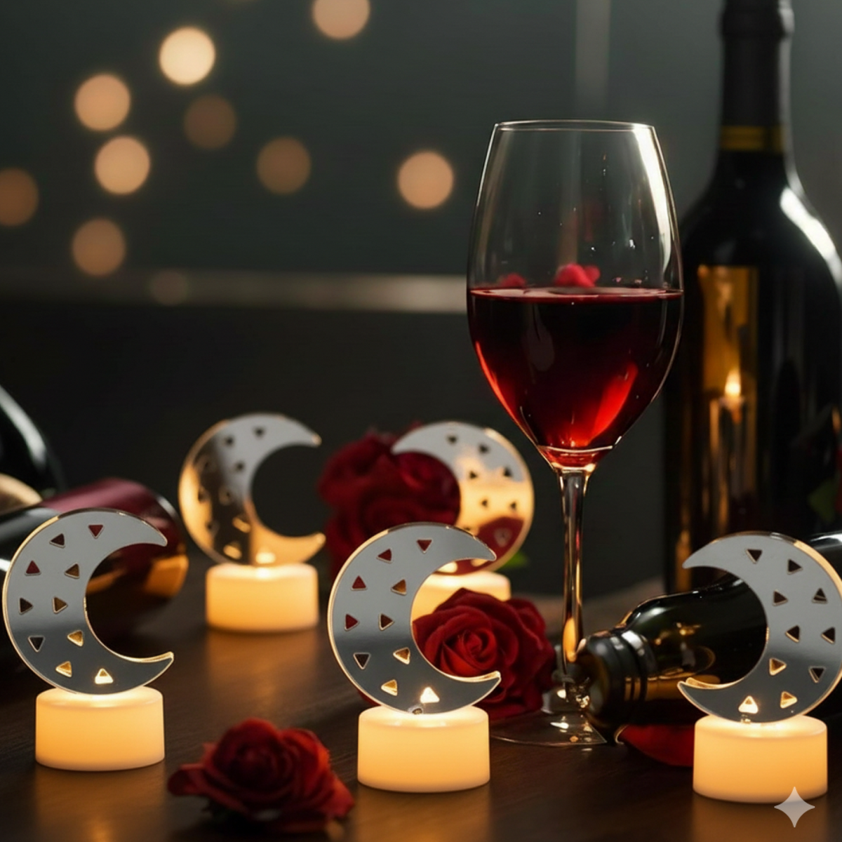 Five crescent moon LED tea lights with warm yellow glow, red roses, and a glass of red wine on a dark table.