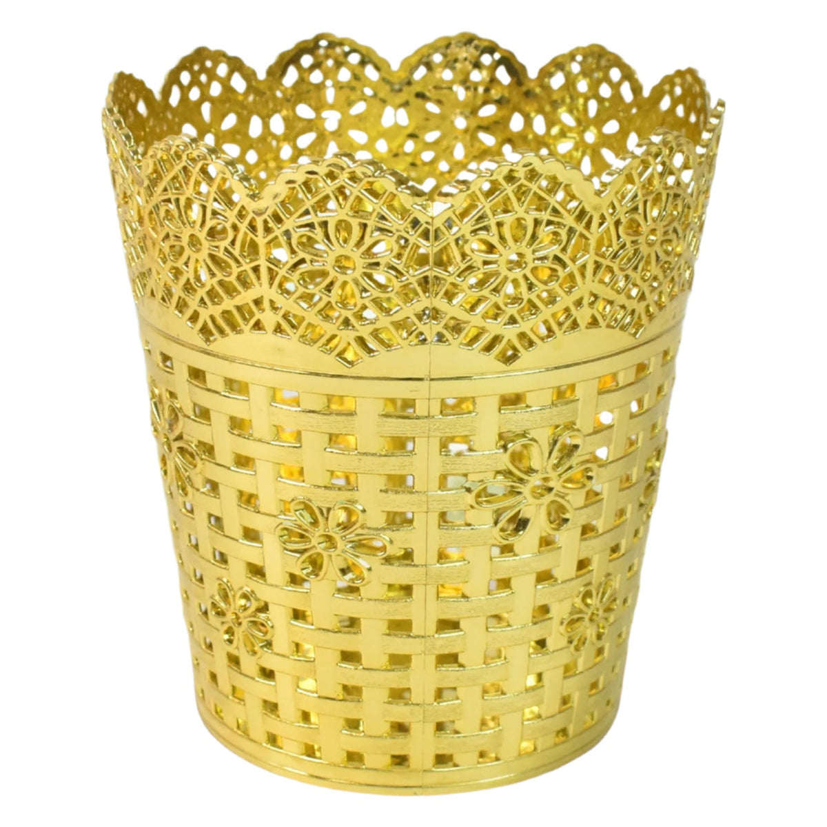 A gold plastic pen holder with a floral lace top rim and a woven basket-like body is shown on a white background.