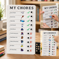 White 'MY CHORES' checklist board with green checkmarks and red X's on a wooden desk with books and a plant.